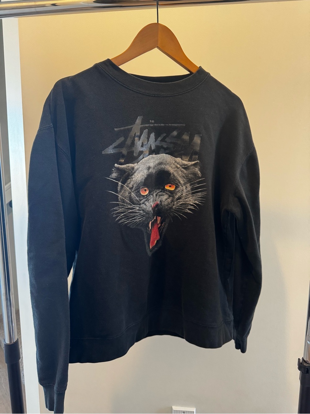 Stussy Black Crewneck Sweatshirt with Black Panther